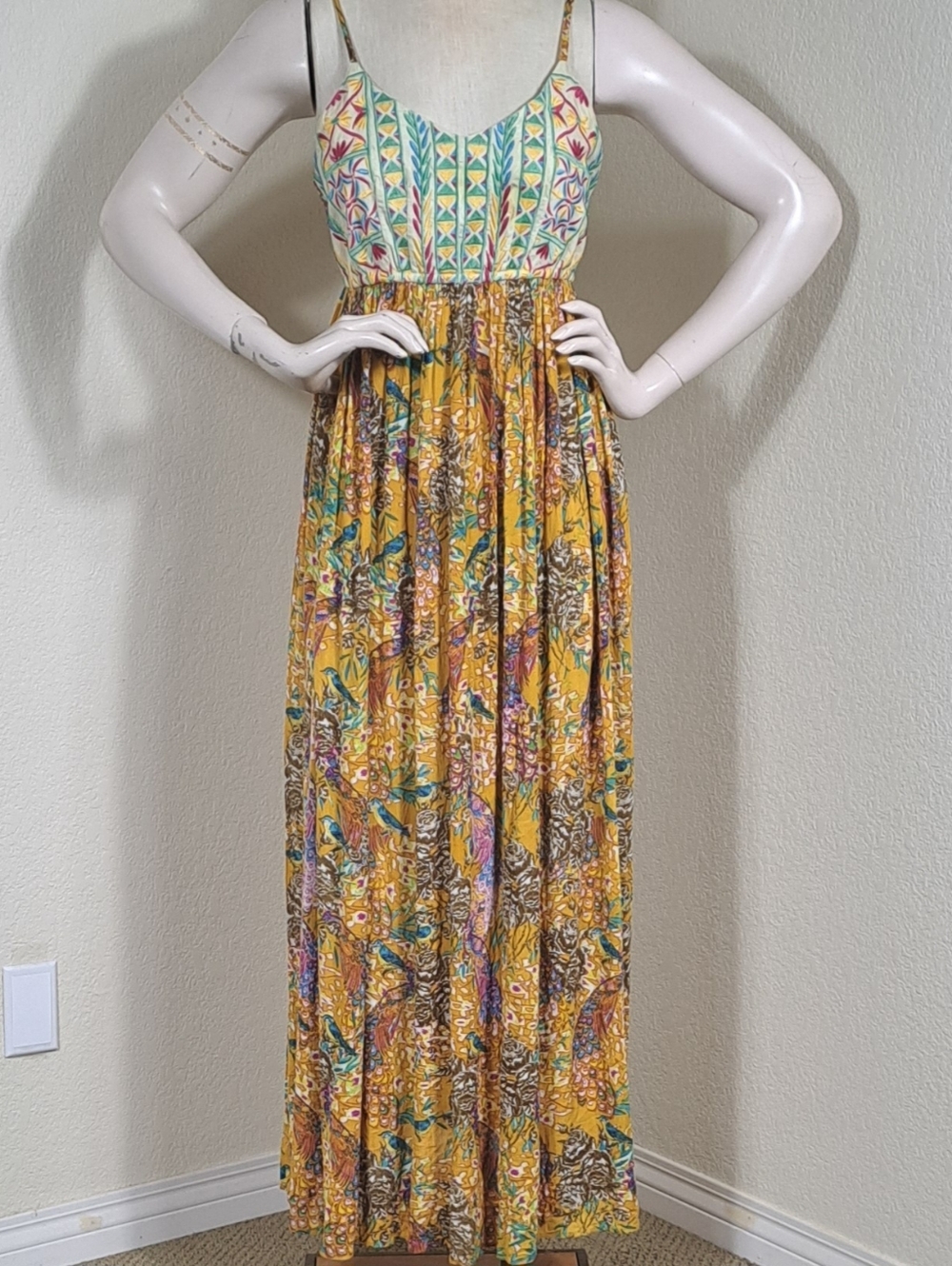 Raga Anthropologie Peacock Print Embroidered Maxi Dress Spaghetti Strap Small
